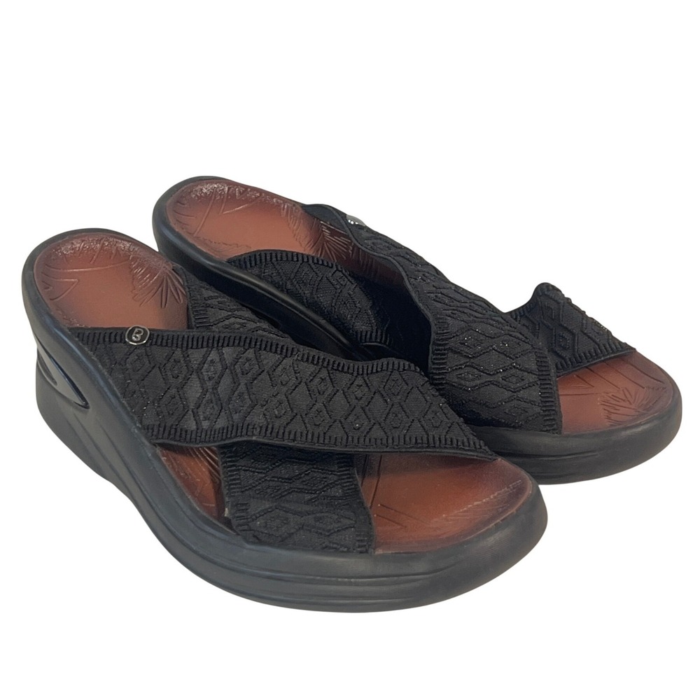 BZEES Desire Black Crisscross Wedge‎ Comfort Slide Sandals Size 7.5 M Vacation
